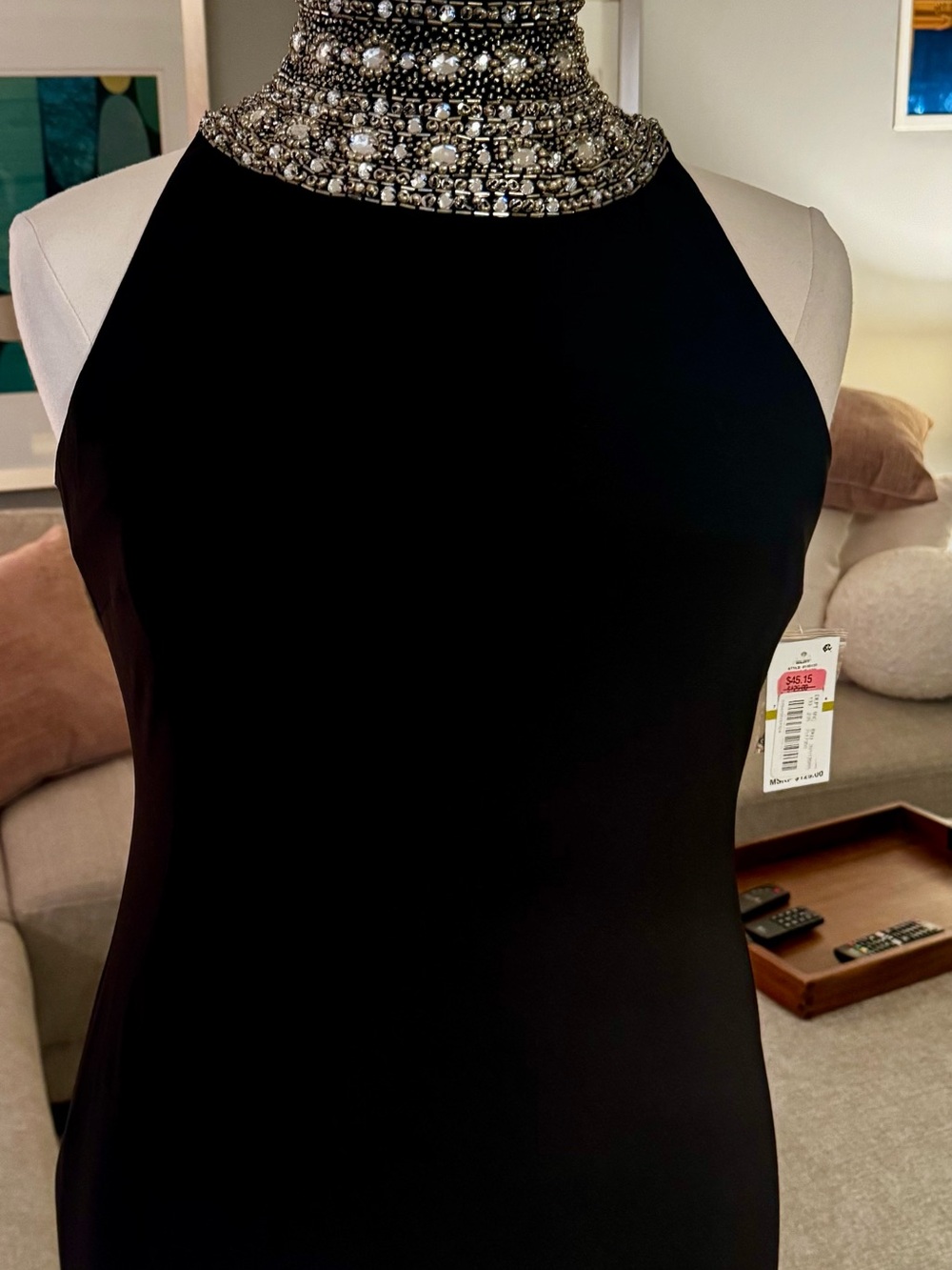 SLNY Black Maxi Dress with Beaded Jewel Halter